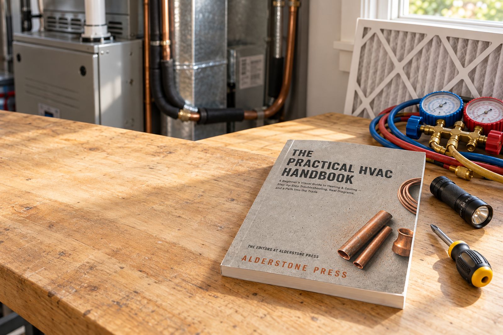 The Practical HVAC Handbook on a workbench beside a manifold gauge set, with a furnace behind