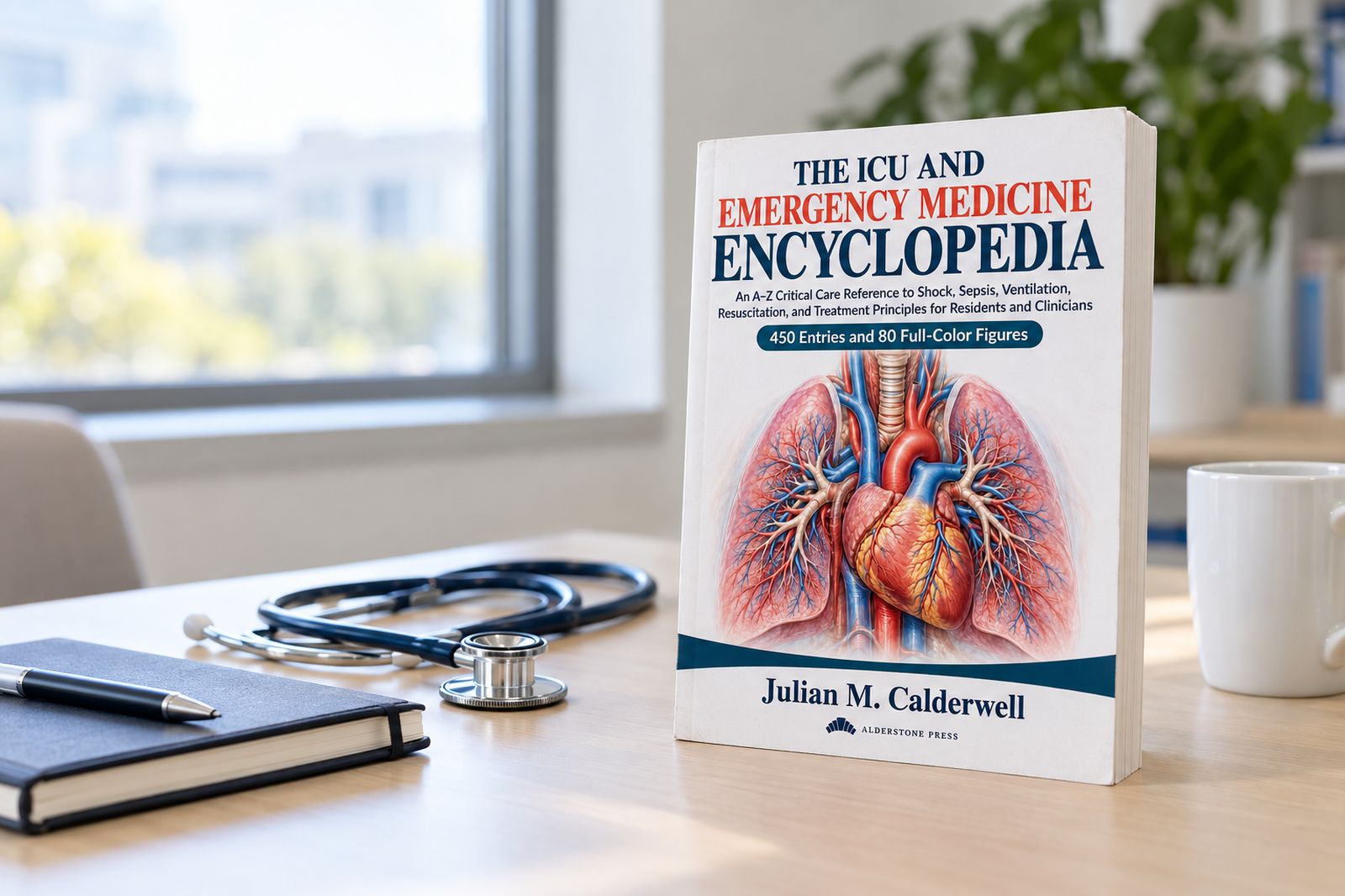 The ICU and Emergency Medicine Encyclopedia standing on a desk beside a stethoscope