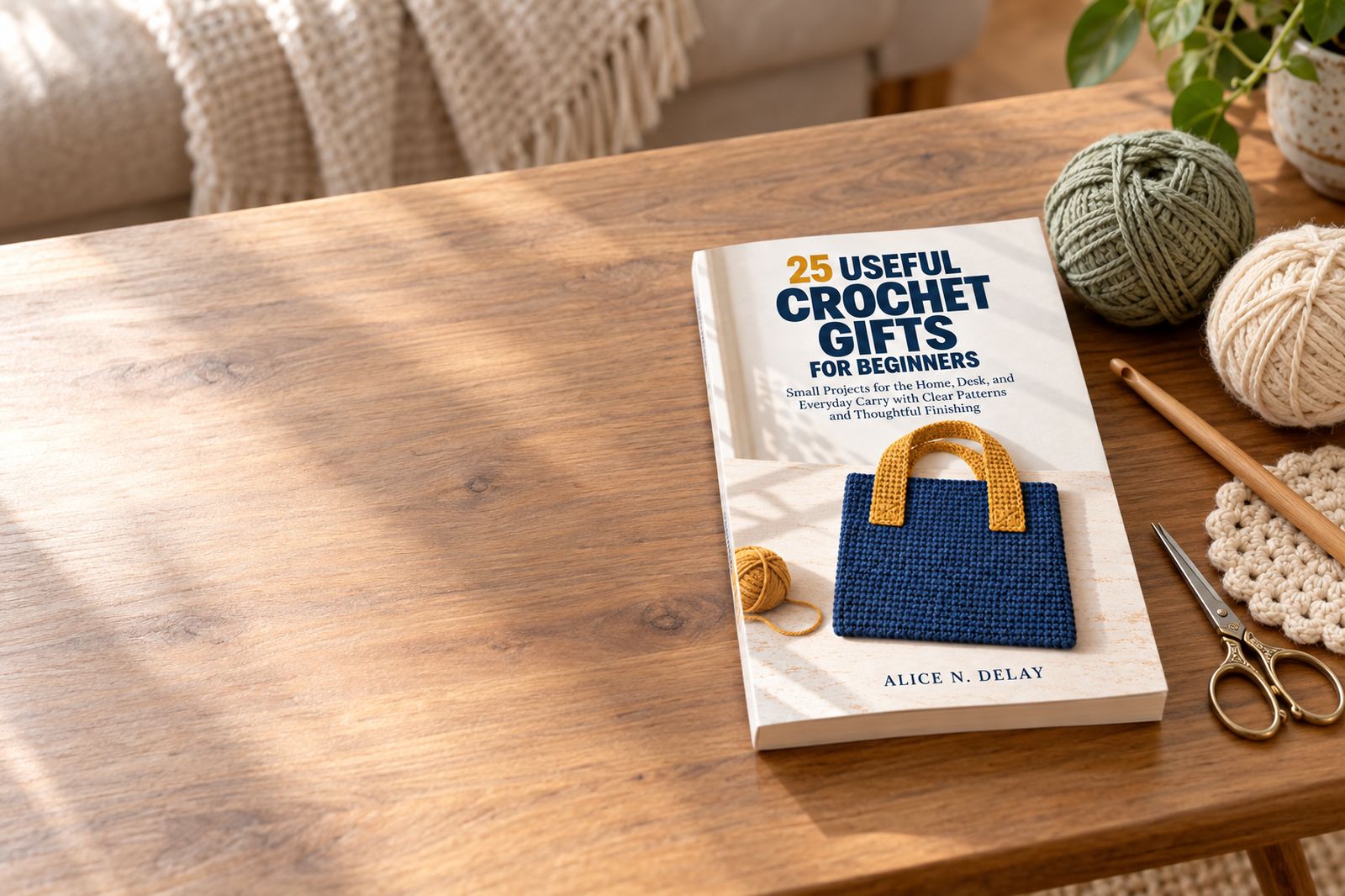 25 Useful Crochet Gifts for Beginners on a coffee table with yarn and a crochet hook