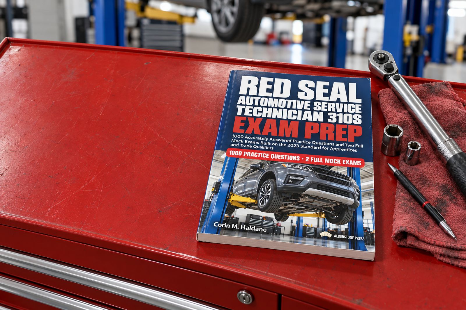 Red Seal Automotive Service Technician 310S Exam Prep on a tool chest in a repair shop